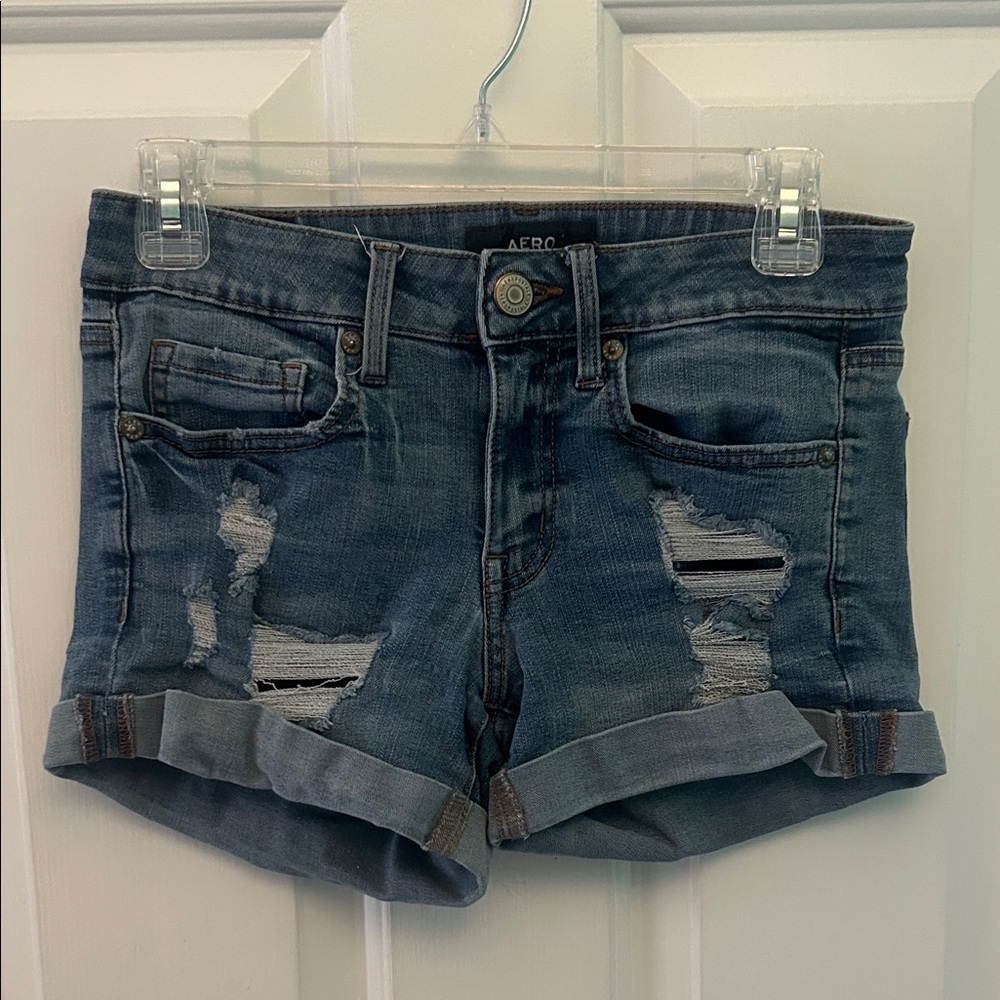 Aeropostale Women's Ripped Jean Shorts - Dark Blue